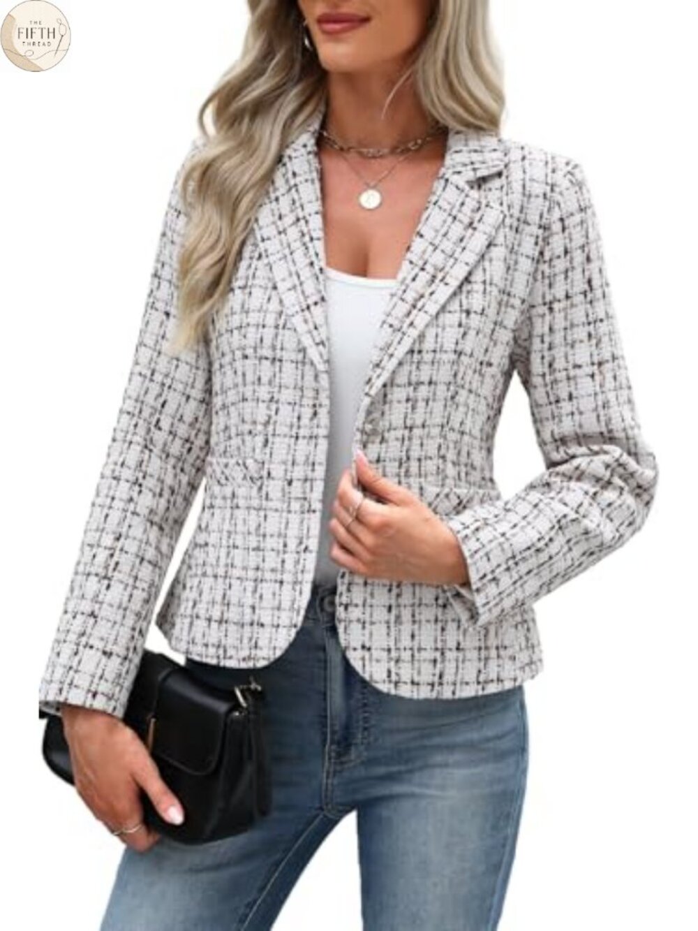 Women's Tweed Blazer Long Sleeve Button Business Casual Notch Collar